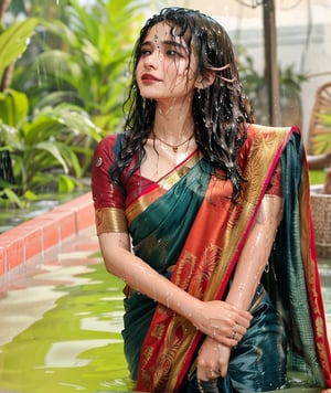 a bride in a saree with a necklace on her neck, a character portrait by Manjit Bawa, behance contest winner, bengal school of art, slight smile, happy, studio portrait, maximalist, studio photography,
, featured on instagram, samikshavad, elegant, rich color palette, 1920s

  ((wet clothes, wet hair, bathing in water, face focused, skin pores, sleeve blouse, saree , detail face, heavy rain )),wet hair,girl wearing indian saree,aliabhatt,SoakingWetClothes