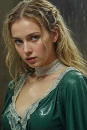 (wet clothes, wet hair, wet, wet face, wet skin,  : 1.4 ),(Chiaroscuro Solid colors background),( Beautiful wet German queen ),(greater details in definitions of face and eyes), (realistic and detailed wet skin textures), (extremely clear image, UHD, resembling realistic professional photographs, film grain), beautiful wet blonde hair,beautiful blue iris, ((wearing Baroque-style crimson dirndl ballgowns, royal cloak, clothes with vibrant colors, holding a shawl on hand, submerge,  hugging, very wet drenched hair, wet face:1.2)), infused with norwegian elements. The dress combines intricate lace and embroidery with colorful ballgown-inspired patterns. A wide obi belt cinches her waist, while puffed sleeves and delicate accessories complete the look, showcasing a striking fusion of cultures.,ct-drago
.
, soakingwetclothes, wet clothes, wet hair, Visual Anime,art_booster,anime_screencap,fake_screenshot,anime coloring