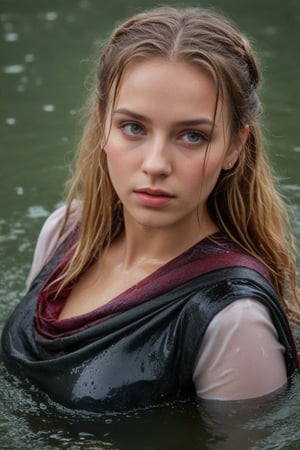 (wet clothes, wet hair, wet, wet face, wet skin,  : 1.4 ),(Chiaroscuro Solid colors background),( Beautiful wet German queen ),(greater details in definitions of face and eyes), (realistic and detailed wet skin textures), (extremely clear image, UHD, resembling realistic professional photographs, film grain), beautiful wet blonde hair,beautiful blue iris, ((wearing Baroque-style crimson dirndl ballgowns, royal cloak, clothes with vibrant colors, holding a shawl on hand, submerge,  hugging, very wet drenched hair, wet face:1.2)), infused with norwegian elements. The dress combines intricate lace and embroidery with colorful ballgown-inspired patterns. A wide obi belt cinches her waist, while puffed sleeves and delicate accessories complete the look, showcasing a striking fusion of cultures.,ct-drago
.
, soakingwetclothes, wet clothes, wet hair, Visual Anime,art_booster,anime_screencap,fake_screenshot,anime coloring