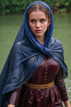 (wet clothes, wet hair, wet, wet face, wet skin,  : 1.4 ),(Chiaroscuro Solid colors background),( Beautiful wet German queen with a shawl on her shoulder ),(greater details in definitions of face and eyes), (realistic and detailed wet skin textures), (extremely clear image, UHD, resembling realistic professional photographs, film grain), beautiful wet blonde hair,beautiful blue iris, ((wearing Baroque-style crimson dirndl ballgowns, veiled royal cloak, clothes with vibrant colors, holding a shawl on hand, submerge,  hugging, very wet drenched hair, wet face:1.2)), infused with norwegian elements. The dress combines intricate lace and embroidery with colorful ballgown-inspired patterns. A wide obi belt cinches her waist, while puffed sleeves and delicate accessories complete the look, showcasing a striking fusion of cultures.,ct-drago
.
, soakingwetclothes, wet clothes, wet hair, Visual Anime,art_booster,anime_screencap,fake_screenshot,anime coloring