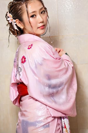 photo of japanese idol, looking away, kimono,   (((wet clothes, wet hair, wet skin, wet, soaked, clothes cling to skin:1.2)),soakingwetclothes