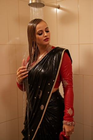 A woman standing in a tiled room. Her eyes closed in a moment of serenity. She wears wet slimy indian traditional black bridal saree with white traditional embroidary design, full sleeve red bouse with pattened design, wet long dupatta with patterned design as a veil, and very light brown hair, bathing with shampoo. Shampoo in hair. Soap flowing through clothes. wet red bridal veil .saree that clings to her body. The scene is illuminated by the soft, warm light of the shower, highlighting the water droplets on her skin. The composition captures her relaxed pose, with the water flowing down her form, creating a sensual and intimate atmosphere. The background features a tiled room with steam rising, adding to the ambiance.,Fetishwet,wet_hair,Wet,covered in oil,covered in mud,wam,wet clothes,pouring oil,wetlook,pouring oil