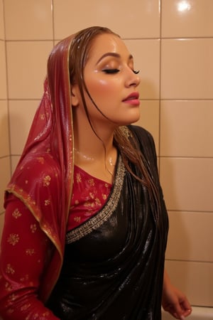 A woman standing in a tiled room. Her eyes closed in a moment of serenity. She wears wet slimy indian traditional black bridal saree with white traditional embroidary design, full sleeve red bouse with pattened design, wet dupatta as a veil, and very light brown hair, bathing with shampoo. Shampoo in hair. Soap flowing through clothes. wet red bridal veil .saree that clings to her body. The scene is illuminated by the soft, warm light of the room, highlighting the water droplets on her skin. The composition captures her relaxed pose, with the water flowing down her form, creating a sensual and intimate atmosphere. The background features a tiled room with steam rising, adding to the ambiance.,Fetishwet,wet_hair,Wet,covered in oil,covered in mud,wam,wet clothes,pouring oil,wetlook,pouring oil