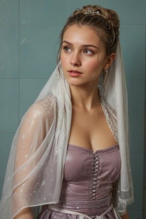 (wet clothes, wet hair, wet, wet face, wet skin, full body  : 1.4 ),(Chiaroscuro Solid colors background),( Beautiful wet German queen with a shawl on her shoulder ),(greater details in definitions of face and eyes), (realistic and detailed wet skin textures), (extremely clear image, UHD, resembling realistic professional photographs, film grain), beautiful wet blonde hair,beautiful blue iris, ((wearing Baroque-style crimson dirndl ballgowns, veiled royal cloak, clothes with vibrant colors, holding a shawl on hand, submerge,  hugging, very wet drenched hair, wet face:1.2)), infused with norwegian elements. The dress combines intricate lace and embroidery with colorful ballgown-inspired patterns. A wide obi belt cinches her waist, while puffed sleeves and delicate accessories complete the look, showcasing a striking fusion of cultures.,ct-drago
.
, soakingwetclothes, wet clothes, wet hair, Visual Anime,art_booster,anime_screencap,fake_screenshot,anime coloring