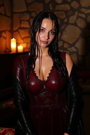 A photo of a soaking wet Korean woman with dark wet hair and a fair complexion. She is wearing a wet dark red dress with intricate patterns and details. The wet dress has a flowing design and is paired with a wet black shawl that is draped elegantly over her shoulders. The woman has a beautiful face and wears a piece of jewelry on her forehead. The background is a dimly lit room with candlelit walls and mysterious shadows. The atmosphere is dark and atmospheric, setting the stage for a dark fantasy.. they are doused with slime.  wet, soakingwet, 
.,Fetishwet,wet_hair,Wet,covered in oil,covered in mud,wam,wet clothes,pouring oil,wetlook,pouring oil, 