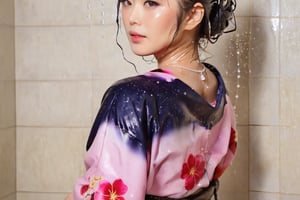 photo of japanese idol, looking away, kimono,   (((wet clothes, wet hair, wet skin, wet, soaked, clothes cling to skin:1.2)),soakingwetclothes