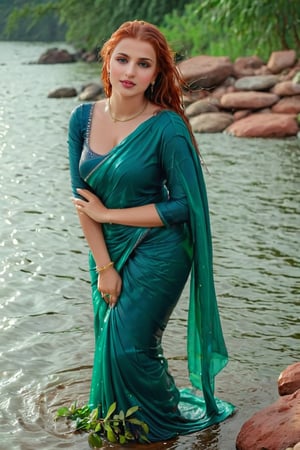 score_9,score_8_up,score_7_up, photorealistic , shot of a confident wet red-haired, full body portrait of an beautiful russian woman in saree, sitting on rocks near water and raindrops falling on her wet hair, blue green wet sarees with full sleeve teal wet blouse around the waist , standing pose, looking at camera, hair wet from heavy raining background, heavy leaves plants and stones behind, dramatic lighting, hyper realistic photography, cinematic shot, perfect hands highly detailed,detailed skin,highly detailed face and eyes,detailed face, detailed nose, detailed eyes,depth of field,film grain,backlighting, Neutral-Density-Filter, flawless clarity, brightly lit,,crystalz,Decora_SWstyle,art_booster, ((russian, wet clothes, wet hair, wet skin, wet_clothes,soakingwetclothes:1.3)),beautiful,indian,saree influencer,saree model,ultra realistic,real face