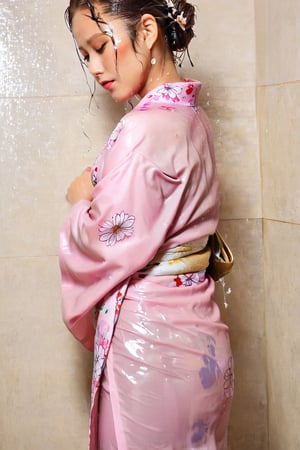 photo of japanese idol, looking away, kimono,   (((wet clothes, wet hair, wet skin, wet, soaked, clothes cling to skin:1.2)),soakingwetclothes