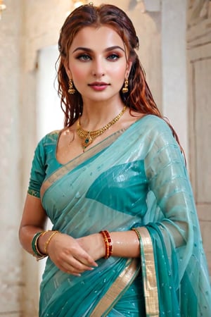 score_9,score_8_up,score_7_up, photorealistic , shot of a confident wet red-haired, portrait of an beautiful russian woman in saree, wet designed saree,  designer saree, white tiled background,  perfect hands highly detailed,detailed skin,highly detailed face and eyes,detailed face, detailed nose, detailed eyes,depth of field,film grain,backlighting, Neutral-Density-Filter, flawless clarity, brightly lit,,crystalz,Decora_SWstyle,art_booster, ((russian, ocaen shade patterened saree, full sleeve, wet clothes, wet hair, wet skin, wet_clothes, soaked hair, drenched hair, necklace, bracelet, wet clothes cling to body, wet clothes pattern, soakingwetclothes:1.3)),beautiful,indian,saree influencer,saree model,ultra realistic,real face