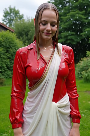 (wet clothes, wet hair, wet face, wet skin, slimy clothes, slimy skin, slimy hair ) 

(wet clothes, wet hair, wet face, wet skin, slimy hair, slimy skin, slimy clothes) 

A cinematic image of a soaking wet slim middle-aged norwegian woman, dressed in wet traditional full-sleeve red cotton blouse with embroidery and wet heavy embroidered satin bridal saree with wet bridal veil. She is standing outdoors , her entire outfit wet as water flowing down her clothes. The wet full-sleeve red cotton blouse clings tightly to her arms, highlighting its soft, textured fabric. The white saree, equally soaked, drapes beautifully along her form, the delicate embroidery on the saree shimmering as it absorbs the wetness.  wet hair, which is pulled back, creating a glistening effect under the soft, overcast light. Her posture is graceful and serene, , natural setting. The vibrant red of her blouse contrasts with the soft white of her saree, making the scene visually striking. Wetness shimmer on her wet clothes, capturing every detail in high definition. 4K, RAW, masterpiece, soakingwetclothes, wetlook, high definition, rain, nature, traditional fashion, wet saree, wet fashion photography, full sleeve wet blouse. Her dress looks clingy and glossy, with fabric adhering closely to the skin due to the weight of the wetness. darker and shinier fabric texture in rain.



4K, RAW, masterpiece, soakingwetclothes, wetlook, high definition, wet fashion photography.,Fetishwet,FluxGothicRealnime,Wetfetish