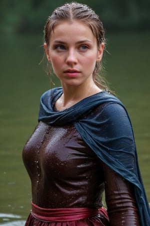(wet clothes, wet hair, wet, wet face, wet skin,  : 1.4 ),(Chiaroscuro Solid colors background),( Beautiful wet German queen with a shawl on her shoulder ),(greater details in definitions of face and eyes), (realistic and detailed wet skin textures), (extremely clear image, UHD, resembling realistic professional photographs, film grain), beautiful wet blonde hair,beautiful blue iris, ((wearing Baroque-style crimson dirndl ballgowns partly covered by shawl,clothes with vibrant colors, , submerge,  hugging, very wet drenched hair, wet face:1.2)), infused with norwegian elements. The dress combines intricate lace and embroidery with colorful ballgown-inspired patterns. A wide obi belt cinches her waist, while puffed sleeves and delicate accessories complete the look, showcasing a striking fusion of cultures.,ct-drago
.
, soakingwetclothes, wet clothes, wet hair, Visual Anime,art_booster,anime_screencap,fake_screenshot,anime coloring