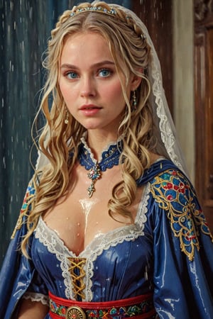 (wet clothes, wet hair, wet, wet face, wet skin,  : 1.4 ),(Beautiful German girl),(greater details in definitions of face and eyes), (realistic and detailed skin textures), (extremely clear image, UHD, resembling realistic professional photographs, film grain), beautiful blonde hair,beautiful blue iris, ((wearing a Baroque-style dirndl ballgown and royal cloak with vibrant colors:1.2)), infused with norwegian elements. The dress combines intricate lace and embroidery with colorful ballgown-inspired patterns. A wide obi belt cinches her waist, while puffed sleeves and delicate accessories complete the look, showcasing a striking fusion of cultures.,ct-drago
.
, soakingwetclothes, wet clothes, wet hair, Visual Anime,art_booster,anime_screencap,fake_screenshot,anime coloring