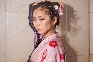 photo of japanese idol, looking away, kimono,   (((wet clothes, wet hair, wet skin, wet, soaked, clothes cling to skin:1.2)),soakingwetclothes