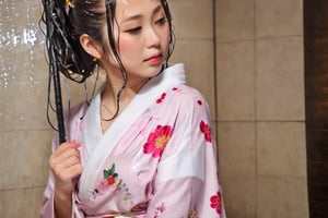 photo of japanese idol, looking away, kimono,   (((wet clothes, wet hair, wet skin, wet, soaked, clothes cling to skin:1.2)),soakingwetclothes