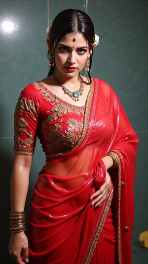 (Highest quality, Ultra HD, 16k, Masterpiece, wet clothes, wet hair, wet skin,slimy clothes, slimy hair, slimy skin:1.4), A soaking wet woman wearing a wet traditional red saree adorned with intricate gold embroidery stands elegantly. On her left shoulders she wears the saree and one her left shoulder she wears a wet red designer shawl . She also wears a wet full sleeve blouse.. She has a stylish wet bun decorated with small white flowers and wears stunning jewelry, including large earrings and a layered necklace featuring blue stones. Her makeup highlights her features, with a delicate bindi on her wet forehead. She poses gracefully, with one hand resting on her waist, showcasing ornate bangles. The background is softly blurred, enhancing the overall focus on her attire and beauty.. Her hair, clothes and skin are comlpletely wet. her wet clothes cling to her body. suds flowing through the body.,Fetishwet,Wet,covered in oil,covered in mud,wam,pouring oil,wetlook,pouring oil,Enhanced all