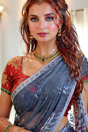 score_9,score_8_up,score_7_up, photorealistic , shot of a confident wet red-haired, portrait of an beautiful russian woman in saree, wet designed saree,  designer saree, white tiled background,  perfect hands highly detailed,detailed skin,highly detailed face and eyes,detailed face, detailed nose, detailed eyes,depth of field,film grain,backlighting, Neutral-Density-Filter, flawless clarity, brightly lit,,crystalz,Decora_SWstyle,art_booster, ((russian, ocaen shade patterened saree, wet clothes, wet hair, wet skin, wet_clothes, soaked hair, drenched hair, necklace, bracelet, wet clothes cling to body, wet clothes pattern, soakingwetclothes:1.3)),beautiful,indian,saree influencer,saree model,ultra realistic,real face