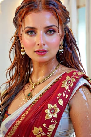 score_9,score_8_up,score_7_up, photorealistic , shot of a confident wet red-haired, portrait of an beautiful russian woman in saree, wet designed saree,  designer saree, white tiled background,  perfect hands highly detailed,detailed skin,highly detailed face and eyes,detailed face, detailed nose, detailed eyes,depth of field,film grain,backlighting, Neutral-Density-Filter, flawless clarity, brightly lit,,crystalz,Decora_SWstyle,art_booster, ((russian, ocaen shade patterened saree, wet clothes, wet hair, wet skin, wet_clothes, soaked hair, drenched hair, necklace, bracelet, wet clothes cling to body, wet clothes pattern, soakingwetclothes:1.3)),beautiful,indian,saree influencer,saree model,ultra realistic,real face