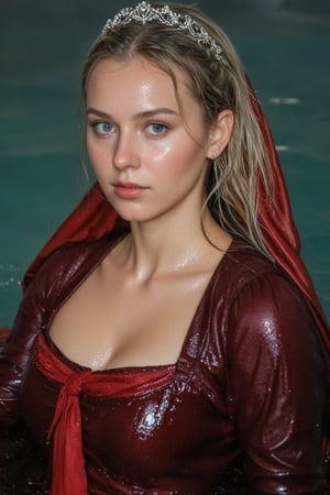 (wet clothes, wet hair, wet, wet face, wet skin,  : 1.4 ),(Chiaroscuro Solid colors background),( Beautiful wet German queen ),(greater details in definitions of face and eyes), (realistic and detailed wet skin textures), (extremely clear image, UHD, resembling realistic professional photographs, film grain), beautiful wet blonde hair,beautiful blue iris, ((wearing Baroque-style crimson dirndl ballgowns, royal cloak, clothes with vibrant colors, holding a shawl on hand, submerge,  hugging, very wet drenched hair, wet face:1.2)), infused with norwegian elements. The dress combines intricate lace and embroidery with colorful ballgown-inspired patterns. A wide obi belt cinches her waist, while puffed sleeves and delicate accessories complete the look, showcasing a striking fusion of cultures.,ct-drago
.
, soakingwetclothes, wet clothes, wet hair, Visual Anime,art_booster,anime_screencap,fake_screenshot,anime coloring