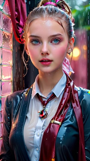 heavy rain, A mesmerizing, ultra-realistic 8K photo captures the essence of a young woman dressed in a British school uniform, draped with a shawl, wearing a wet and glistening pink ponytail hairstyle. The subject exudes a charming wet smile as she dons a Tie, wet uniform sweater, and a wet shawl, all set against a cinematic backdrop. The model's icy eyes and pale wet skin contrast with her ruby wet necklace and bracelet, creating a captivating visual. This stunning masterpiece, with its high contrast and vibrant color, is rendered with exquisite details and textures in a cinematic shot, showcasing the artist's exceptional skill. The image is bathed in warm tones, with a bright and intense atmosphere, and is trending on ArtStation, making it a standout piece