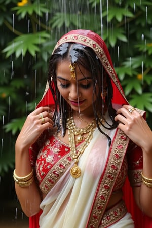 (wet clothes, wet hair, wet face, wet skin, slimy clothes, slimy skin, slimy hair ) 

(wet clothes, wet hair, wet face, wet skin, slimy hair, slimy skin, slimy clothes) 

torrential rain, face focused, damp, a drenched Bride in a richly embroidered white bridal saree paired by red bridal veil and jewelry drenched, adorned with intricate gold patterns.dress looks clingy, wrinkled or limp, and glossy, with fabric adhering closely to the skin due to the weight of the water. water changes its reflectivity. soft lighting, a celebratory atmosphere despite the rain. water cascading clothes hair skin. darker and shinier fabric texture in rain.



4K, RAW, masterpiece, soakingwetclothes, wetlook, high definition, wet fashion photography.,Fetishwet,FluxGothicRealnime,Wetfetish