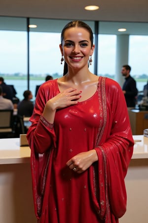 ((Wet clothes, wet hair, wet skin:1.4) A cinematic medium shot of a soaking wet Emma Watson wearing a traditional crimson, modest, full-sleeve wet cotton kameez and a wet dupatta shawl with intricate embroidery designs. She is posing for a photo at the reception desk in the boarding area of an airport, smiling confidently. The wet fabric shimmers as it catches the lights. The soaked full-sleeve dress accentuates her arms, and the draped dress highlights her elegant silhouette. Her wet hair is slicked back, and she strikes a powerful pose. Despite being drenched, her makeup remains flawless, enhancing her glamorous yet bold appearance. The dramatic contrast between the location and her soaked traditional attire adds flair to the moment, as the lighting reflects off the wet fabric....

,,Realistic.,, ,soakingwetclothes, wet clothes, wet hair, wet,,3/4 body image ,wet cloths cling to body,Wet,covered in oil,covered in mud,wam,wetlook, Fetishwet,Enhanced all