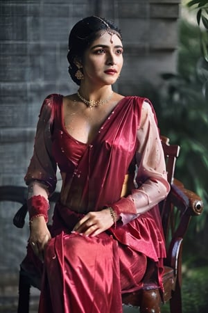historical movie still, Spanish (noble lady) sitting on the chair, sleeves, (breasts out:1.2), big breasts, medieval (Lightsaber Red:0.8) dress,cleavage, (detailed eyes),Saree, ((wet clothes, wet hair, sitting in water, face focused, skin pores, long sleeve blouse, saree)),wet hair
