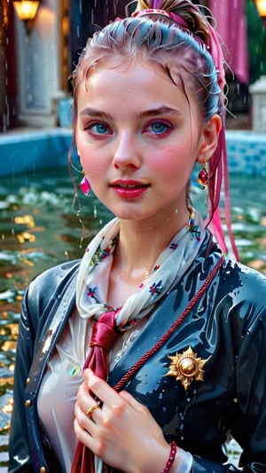 heavy rain, A mesmerizing, ultra-realistic 8K photo captures the essence of a young woman dressed in a British school uniform, draped with a shawl, wearing a wet and glistening pink ponytail hairstyle. The subject exudes a charming wet smile as she dons a woolen scarf, wet tight jacket, and a wet shawl, all set against a cinematic backdrop. The model's icy eyes and pale wet skin contrast with her ruby wet necklace and bracelet, creating a captivating visual. This stunning masterpiece, with its high contrast and vibrant color, is rendered with exquisite details and textures in a cinematic shot, showcasing the artist's exceptional skill. The image is bathed in warm tones, with a bright and intense atmosphere, and is trending on ArtStation, making it a standout piece