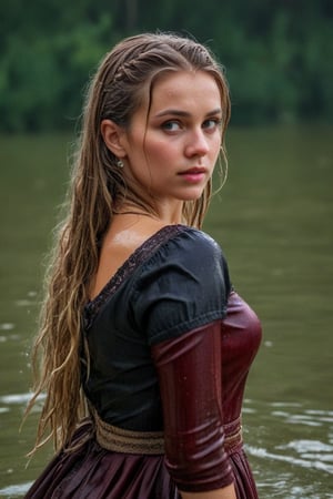 (wet clothes, wet hair, wet, wet face, wet skin,  : 1.4 ),(Chiaroscuro Solid colors background),( Beautiful wet German queen with a shawl on her shoulder ),(greater details in definitions of face and eyes), (realistic and detailed wet skin textures), (extremely clear image, UHD, resembling realistic professional photographs, film grain), beautiful wet blonde hair,beautiful blue iris, ((wearing Baroque-style crimson dirndl ballgowns,clothes with vibrant colors, , submerge,  hugging, very wet drenched hair, wet face:1.2)), infused with norwegian elements. The dress combines intricate lace and embroidery with colorful ballgown-inspired patterns. A wide obi belt cinches her waist, while puffed sleeves and delicate accessories complete the look, showcasing a striking fusion of cultures.,ct-drago
.
, soakingwetclothes, wet clothes, wet hair, Visual Anime,art_booster,anime_screencap,fake_screenshot,anime coloring