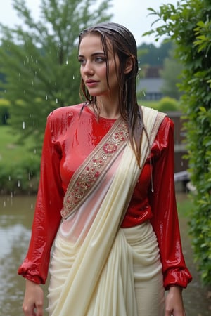 (wet clothes, wet hair, wet face, wet skin, slimy clothes, slimy skin, slimy hair ) 

(wet clothes, wet hair, wet face, wet skin, slimy hair, slimy skin, slimy clothes) 

A cinematic image of a soaking wet slim middle-aged norwegian woman, dressed in wet traditional full-sleeve red cotton blouse with embroidery and wet white heavy embroidered silk saree. She is standing outdoors , her entire outfit wet as water flowing down her clothes. The wet full-sleeve red cotton blouse clings tightly to her arms, highlighting its soft, textured fabric. The white saree, equally soaked, drapes beautifully along her form, the delicate embroidery on the saree shimmering as it absorbs the wetness.  wet hair, which is pulled back, creating a glistening effect under the soft, overcast light. Her posture is graceful and serene, , natural setting. The vibrant red of her blouse contrasts with the soft white of her saree, making the scene visually striking. Wetness shimmer on her wet clothes, capturing every detail in high definition. 4K, RAW, masterpiece, soakingwetclothes, wetlook, high definition, rain, nature, traditional fashion, wet saree, wet fashion photography, full sleeve wet blouse. Her dress looks clingy and glossy, with fabric adhering closely to the skin due to the weight of the wetness. darker and shinier fabric texture in rain.



4K, RAW, masterpiece, soakingwetclothes, wetlook, high definition, wet fashion photography.,Fetishwet,FluxGothicRealnime,Wetfetish