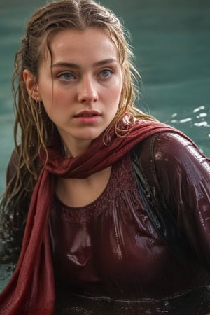 (wet clothes, wet hair, wet, wet face, wet skin,  : 1.4 ),(Chiaroscuro Solid colors background),( Beautiful wet German queen ),(greater details in definitions of face and eyes), (realistic and detailed wet skin textures), (extremely clear image, UHD, resembling realistic professional photographs, film grain), beautiful wet blonde hair,beautiful blue iris, ((wearing Baroque-style crimson dirndl ballgowns, royal cloak, clothes with vibrant colors, holding a shawl on hand, submerge,  hugging, very wet drenched hair, wet face:1.2)), infused with norwegian elements. The dress combines intricate lace and embroidery with colorful ballgown-inspired patterns. A wide obi belt cinches her waist, while puffed sleeves and delicate accessories complete the look, showcasing a striking fusion of cultures.,ct-drago
.
, soakingwetclothes, wet clothes, wet hair, Visual Anime,art_booster,anime_screencap,fake_screenshot,anime coloring