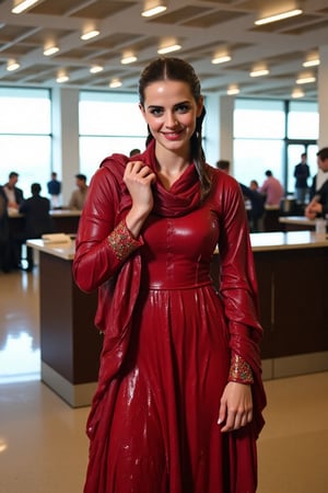 ((Wet clothes, wet hair, wet skin:1.4) A cinematic medium shot of a soaking wet Emma Watson wearing a traditional crimson, modest, full-sleeve wet cotton kameez and a wet dupatta shawl with intricate embroidery designs. She is posing for a photo showering at the reception desk in the boarding area of an airport, smiling confidently. The wet fabric shimmers as it catches the lights. The soaked full-sleeve dress accentuates her arms, and the draped dress highlights her elegant silhouette. Her wet hair is slicked back, and she strikes a powerful pose. Despite being drenched, her makeup remains flawless, enhancing her glamorous yet bold appearance. The dramatic contrast between the location and her soaked traditional attire adds flair to the moment, as the lighting reflects off the wet fabric....

,,Realistic.,, ,soakingwetclothes, wet clothes, wet hair, wet,,3/4 body image ,wet cloths cling to body,Wet,covered in oil,covered in mud,wam,wetlook, Fetishwet,Enhanced all