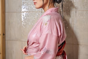 photo of japanese idol, looking away, kimono,   (((wet clothes, wet hair, wet skin, wet, soaked, clothes cling to skin:1.2)),soakingwetclothes