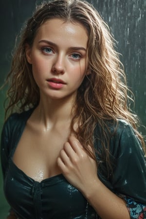 (wet clothes, wet hair, wet, wet face, wet skin,  : 1.4 ),(Chiaroscuro Solid colors background),( Beautiful wet German queen ),(greater details in definitions of face and eyes), (realistic and detailed wet skin textures), (extremely clear image, UHD, resembling realistic professional photographs, film grain), beautiful wet blonde hair,beautiful blue iris, ((wearing Baroque-style crimson dirndl ballgowns, royal cloak, clothes with vibrant colors, holding a shawl on hand, submerge,  hugging, very wet drenched hair, wet face:1.2)), infused with norwegian elements. The dress combines intricate lace and embroidery with colorful ballgown-inspired patterns. A wide obi belt cinches her waist, while puffed sleeves and delicate accessories complete the look, showcasing a striking fusion of cultures.,ct-drago
.
, soakingwetclothes, wet clothes, wet hair, Visual Anime,art_booster,anime_screencap,fake_screenshot,anime coloring