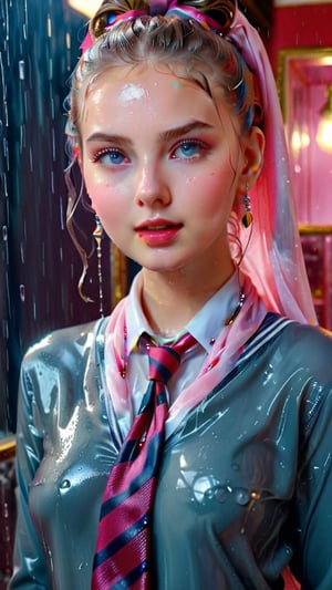heavy rain, A mesmerizing, ultra-realistic 8K photo captures the essence of a young woman dressed in a British school uniform, draped with a shawl, wearing a wet and glistening pink ponytail hairstyle. The subject exudes a charming wet smile as she dons a Tie, wet uniform sweater, and a wet shawl, all set against a cinematic backdrop. The model's icy eyes and pale wet skin contrast with her ruby wet necklace and bracelet, creating a captivating visual. This stunning masterpiece, with its high contrast and vibrant color, is rendered with exquisite details and textures in a cinematic shot, showcasing the artist's exceptional skill. The image is bathed in warm tones, with a bright and intense atmosphere, and is trending on ArtStation, making it a standout piece