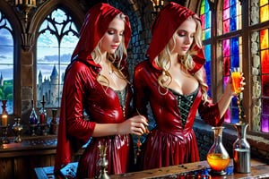 Photorealistic, Award Winning, Ultra Realistic, 8k, of a 25 years old good sweet wet girl preparing potions in her study. She has wet blonde hair and wears a wet medieval red dress with wet hood and wet tippet, richly silver embroidered. Medieval atmosphere. On background we see colourful stained glasses window lighting an old castle room, (many bright colored potion ampoules:1.4) on the shelves. Masterpiece, ultra highly detailed, Dynamic Poses, Alluring, Amazing, Excellent, Detailed Face, Beautiful Symmetric Eyes, Heavenly, Very Refined, dark golden light,digital painting,crystalz,Decora_SWstyle,art_booster, wet clothes, wet hair, wet skin, wet_clothes,soakingwetclothes