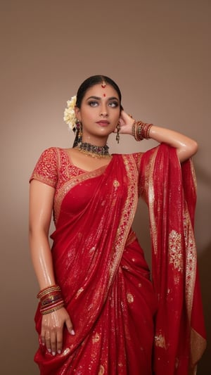 (Highest quality, Ultra HD, 16k, Masterpiece, wet clothes, wet hair, wet skin,slimy clothes, slimy hair, slimy skin, wet dupatta on the right side:1.4), A soaking wet woman wearing a wet traditional red saree adorned with intricate gold embroidery stands elegantly. She also wears a wet red dupatta with patterned design on her right side. She has a stylish wet bun decorated with small white flowers and wears stunning jewelry, including large earrings and a layered necklace featuring blue stones. Her makeup highlights her features, with a delicate bindi on her wet forehead. She poses gracefully, with one hand resting on her waist, showcasing ornate bangles. The background is softly blurred, enhancing the overall focus on her attire and beauty.. Her hair, clothes and skin are comlpletely wet. her wet clothes cling to her body. suds flowing through the body.,Fetishwet,Wet,covered in oil,covered in mud,wam,wetlook,