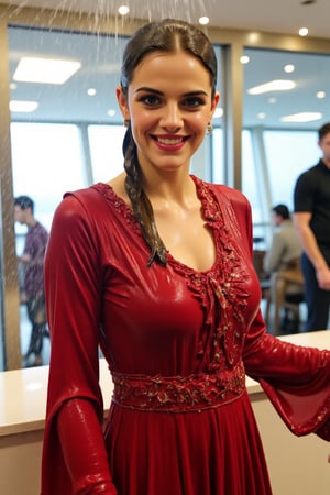 ((Wet clothes, wet hair, wet skin:1.4) A cinematic medium shot of a soaking wet Emma Watson wearing a traditional crimson, modest, full-sleeve wet cotton kameez and a wet dupatta shawl with intricate embroidery designs. She is posing for a photo showering at the reception desk in the boarding area of an airport, smiling confidently. The wet fabric shimmers as it catches the lights. The soaked full-sleeve dress accentuates her arms, and the draped dress highlights her elegant silhouette. Her wet hair is slicked back, and she strikes a powerful pose. Despite being drenched, her makeup remains flawless, enhancing her glamorous yet bold appearance. The dramatic contrast between the location and her soaked traditional attire adds flair to the moment, as the lighting reflects off the wet fabric....

,,Realistic.,, ,soakingwetclothes, wet clothes, wet hair, wet,,3/4 body image ,wet cloths cling to body,Wet,covered in oil,covered in mud,wam,wetlook, Fetishwet,Enhanced all