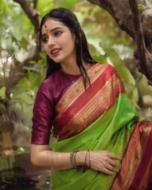 a bride in a saree with a necklace on her neck, a character portrait by Manjit Bawa, behance contest winner, bengal school of art, slight smile, happy, studio portrait, maximalist, studio photography,
, featured on instagram, samikshavad, elegant, rich color palette, 1920s

  ((wet clothes, wet hair, bathing in water, face focused, skin pores, sleeve blouse, saree , detail face, heavy rain )),wet hair,girl wearing indian saree,aliabhatt,SoakingWetClothes