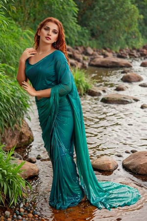 score_9,score_8_up,score_7_up, photorealistic BREAK full shot of a confident wet red-haired, full body portrait of an russian woman in saree, sitting on rocks near water and raindrops falling on her wet hair, blue green wet sarees with full sleeve teal wet blouse around the waist , standing pose, looking at camera, hair wet from heavy raining background, heavy leaves plants and stones behind, dramatic lighting, hyper realistic photography, cinematic shot, perfect hands highly detailed,detailed skin,highly detailed face and eyes,detailed face, detailed nose, detailed eyes,depth of field,film grain,backlighting, Neutral-Density-Filter, flawless clarity, brightly lit,,crystalz,Decora_SWstyle,art_booster, ((wet clothes, wet hair, wet skin, wet_clothes,soakingwetclothes:1.3))