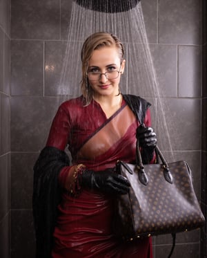 A photo of a wet soaked woman standing under a shower. teacher  in saree and full sleeve blouse and shawl, clings to her body. Her short bobbed hair frames her bespectacled face. Wet clothes, tinted black eyes, and pursed lips convey a sense of reserve. She holds a Louis Vuitton handbag with both hands, wearing leather gloves,Wetfetish,Fetishwet