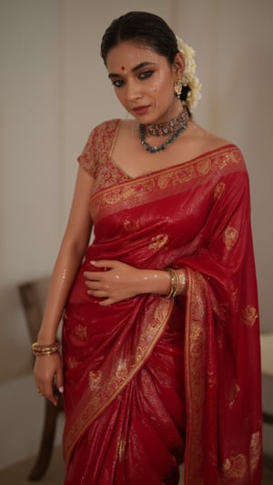 (Highest quality, Ultra HD, 16k, Masterpiece, wet clothes, wet hair, wet skin,slimy clothes, slimy hair, slimy skin:1.4), A soaking wet woman wearing a wet traditional red saree adorned with intricate gold embroidery stands elegantly. She also wears a wet red shawl with patterned design on her right side. She has a stylish wet bun decorated with small white flowers and wears stunning jewelry, including large earrings and a layered necklace featuring blue stones. Her makeup highlights her features, with a delicate bindi on her wet forehead. She poses gracefully, with one hand resting on her waist, showcasing ornate bangles. The background is softly blurred, enhancing the overall focus on her attire and beauty.. Her hair, clothes and skin are comlpletely wet. her wet clothes cling to her body. suds flowing through the body.,Fetishwet,Wet,covered in oil,covered in mud,wam,pouring oil,wetlook,pouring oil