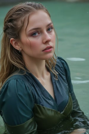 (wet clothes, wet hair, wet, wet face, wet skin,  : 1.4 ),(Chiaroscuro Solid colors background),( Beautiful wet German queen ),(greater details in definitions of face and eyes), (realistic and detailed wet skin textures), (extremely clear image, UHD, resembling realistic professional photographs, film grain), beautiful wet blonde hair,beautiful blue iris, ((wearing Baroque-style crimson dirndl ballgowns, royal cloak, clothes with vibrant colors, holding a shawl on hand, submerge,  hugging, very wet drenched hair, wet face:1.2)), infused with norwegian elements. The dress combines intricate lace and embroidery with colorful ballgown-inspired patterns. A wide obi belt cinches her waist, while puffed sleeves and delicate accessories complete the look, showcasing a striking fusion of cultures.,ct-drago
.
, soakingwetclothes, wet clothes, wet hair, Visual Anime,art_booster,anime_screencap,fake_screenshot,anime coloring