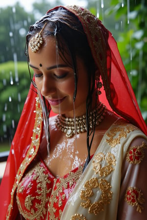 (wet clothes, wet hair, wet face, wet skin, slimy clothes, slimy skin, slimy hair ) 

(wet clothes, wet hair, wet face, wet skin, slimy hair, slimy skin, slimy clothes) 

torrential rain, face focused, damp, a drenched Bride in a richly embroidered white bridal saree paired by red bridal veil and jewelry drenched, adorned with intricate gold patterns. She also wears a full sleeve long blouse with intricate design.  dress looks clingy, wrinkled or limp, and glossy, with fabric adhering closely to the skin due to the weight of the water. water changes its reflectivity. soft lighting, a celebratory atmosphere despite the rain. water cascading clothes hair skin. darker and shinier fabric texture in rain.



4K, RAW, masterpiece, soakingwetclothes, wetlook, high definition, wet fashion photography.,Fetishwet,FluxGothicRealnime,Wetfetish