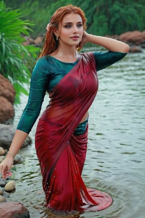 score_9,score_8_up,score_7_up, photorealistic , shot of a confident wet red-haired, full body portrait of an beautiful russian woman in saree, sitting on rocks near water and raindrops falling on her wet hair, blue green wet sarees with full sleeve teal wet blouse around the waist , standing pose, looking at camera, hair wet from heavy raining background, heavy leaves plants and stones behind, dramatic lighting, hyper realistic photography, cinematic shot, perfect hands highly detailed,detailed skin,highly detailed face and eyes,detailed face, detailed nose, detailed eyes,depth of field,film grain,backlighting, Neutral-Density-Filter, flawless clarity, brightly lit,,crystalz,Decora_SWstyle,art_booster, ((russian, wet clothes, wet hair, wet skin, wet_clothes,soakingwetclothes:1.3)),beautiful,indian,saree influencer,saree model,ultra realistic,real face