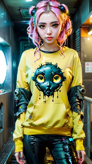 1girl, most beautiful korean girl, Korean beauty model, stunningly beautiful girl, gorgeous girl, 20yo, over sized eyes, big eyes, smiling, looking at viewer, dark gothic cyberpunk woman, defiant face, pastel colors, in clothes, colorful hair, light yellow sweatshirt, pants, black, with pink, guns hd, high detail, huoshen, TheLastOfUs, mgln,masterpiece, wet clothes, wet hair, wet skin, 

