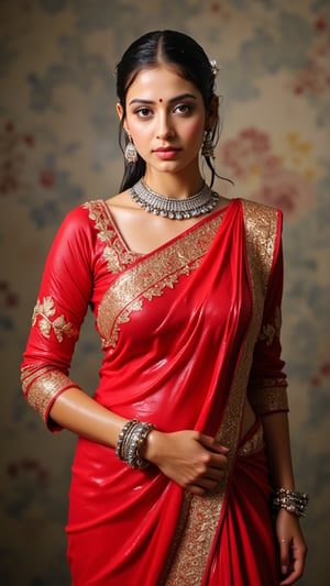 (Highest quality, Ultra HD, 16k, Masterpiece, wet clothes, wet hair, wet skin,slimy clothes, slimy hair, slimy skin:1.4), A soaking wet woman wearing a wet traditional red saree adorned with heavy intricate gold embroidery stands elegantly. On her left shoulders she wears the saree and one her left shoulder she wears a wet red designer shawl . She also wears a wet full sleeve blouse. The wet saree clings to her body, highlighting the delicate fabric design and the elegance of the wet full sleeve blouse. Her wet stylised hair is neatly tied back,s.. She has a stylish wet bun decorated with small white flowers and wears stunning jewelry, including large earrings and a layered necklace featuring blue stones. Her makeup highlights her features, with a delicate bindi on her wet forehead. She poses gracefully, with one hand resting on her waist, showcasing ornate bangles. The background is softly blurred, enhancing the overall focus on her attire and beauty.. Her hair, clothes and skin are comlpletely wet. her wet clothes cling to her body. suds flowing through the body.,Fetishwet,Wet,covered in oil,covered in mud,wam,pouring oil,wetlook,pouring oil,Enhanced all