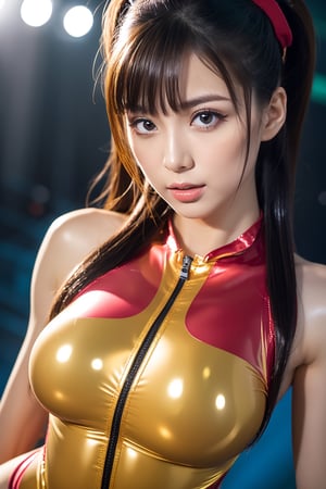 32k sexy female models , Huge breasts,  eyes, twintails nlack hair  High resolution , Upper body, No background, Studio Lightning , Wearing Multicolor pleated (red vivid shiny leotard ninja) in bright tones　shiny grossy latex metalic (1 woman)

 Colossal breasts with elastic characters, 　The skin is young　
