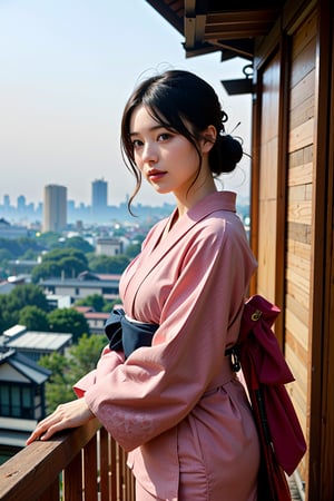 Beautiful girl, wearing kimono, Japan style, black hair, Kyoto cityscape, in morning haze