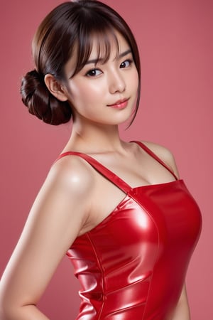 128k female models, Huge breasts, eyes, ((random short hair style)), High resolution, Upper body, No background, Studio Lightning, ((A high resolution, 1 beautiful young woman,latex （Soft saturation：1.3）, （Fair skin：1.2）, Wear red clothes, 85mmレンズ,f/8.0, background Garu, A brown-haired, mediuml breasts, sunder, 1girll,18yr old,（Porcelain dress：1.5）,Side tie peek,（Porcelain dress：1.5）, Double bun and long double tail, brunette color hair))