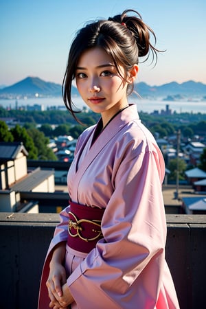 Beautiful girl, wearing kimono, Japan style, black hair, Kyoto cityscape, in morning haze